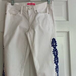 Lilly Pulitzer white jeans with blue embroidery